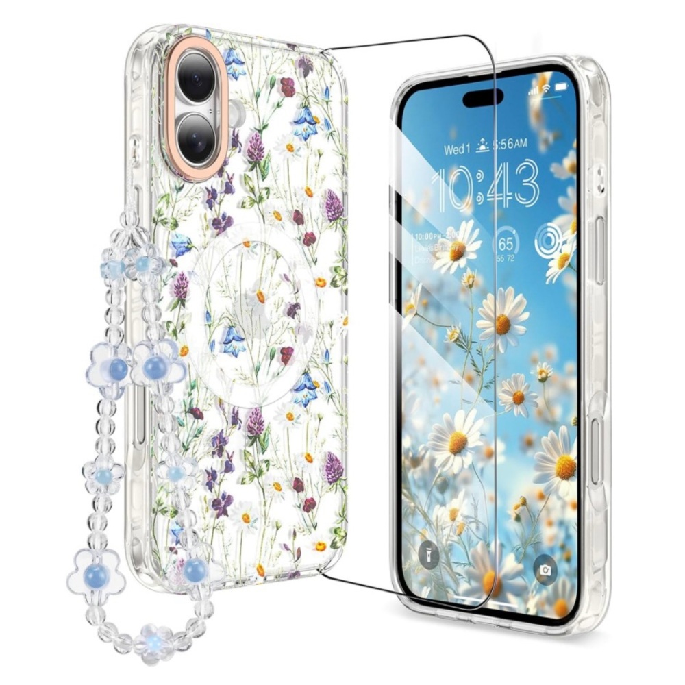 MILPROX iPhone 16 Plus Case Flower Bead Wrist Holder Clear Floral